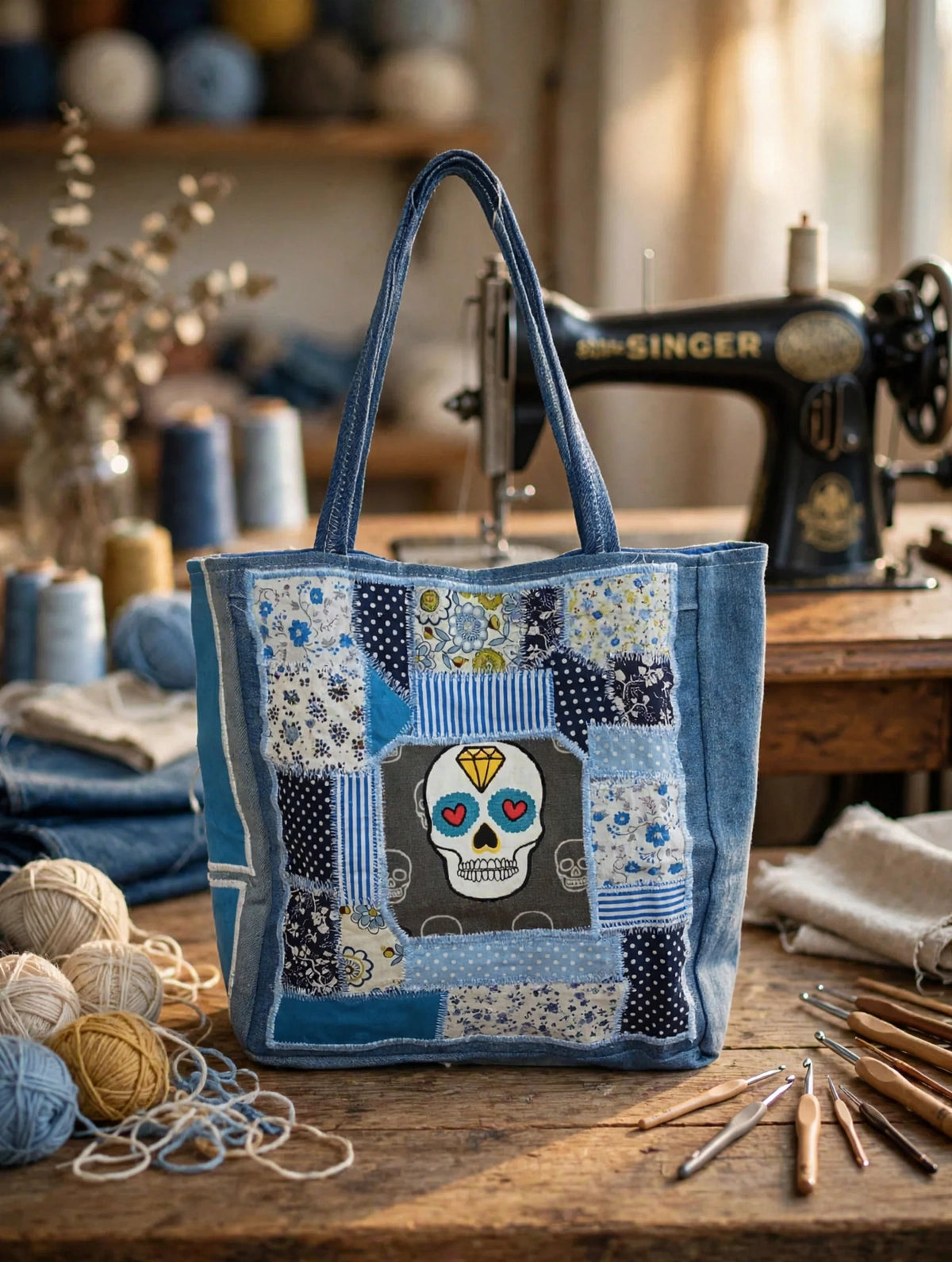 Borsa Patchwork Teschio Jeans Azzurra – Pezzo Unico