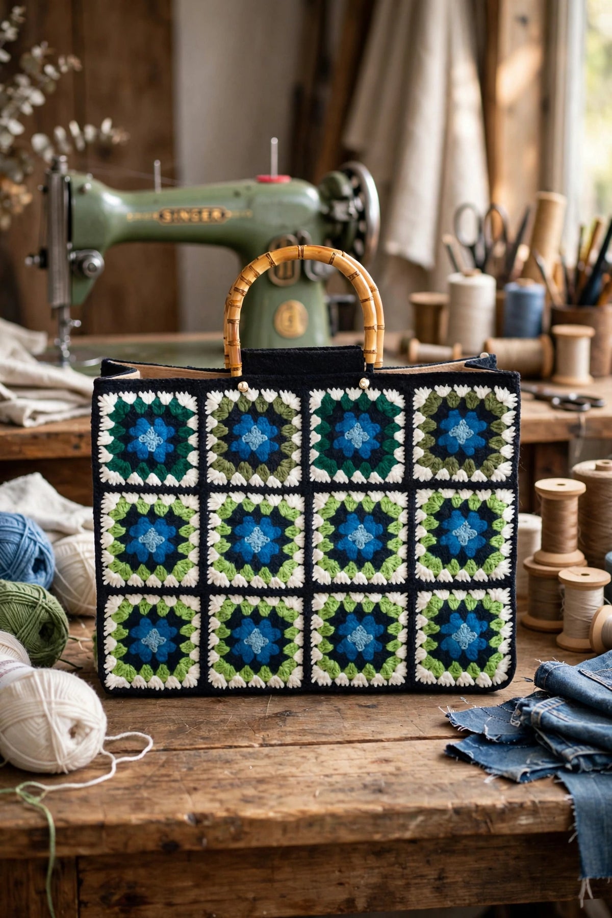 Borsa Granny Crochet Vintage con Manici in Bambù – Pezzo Unico